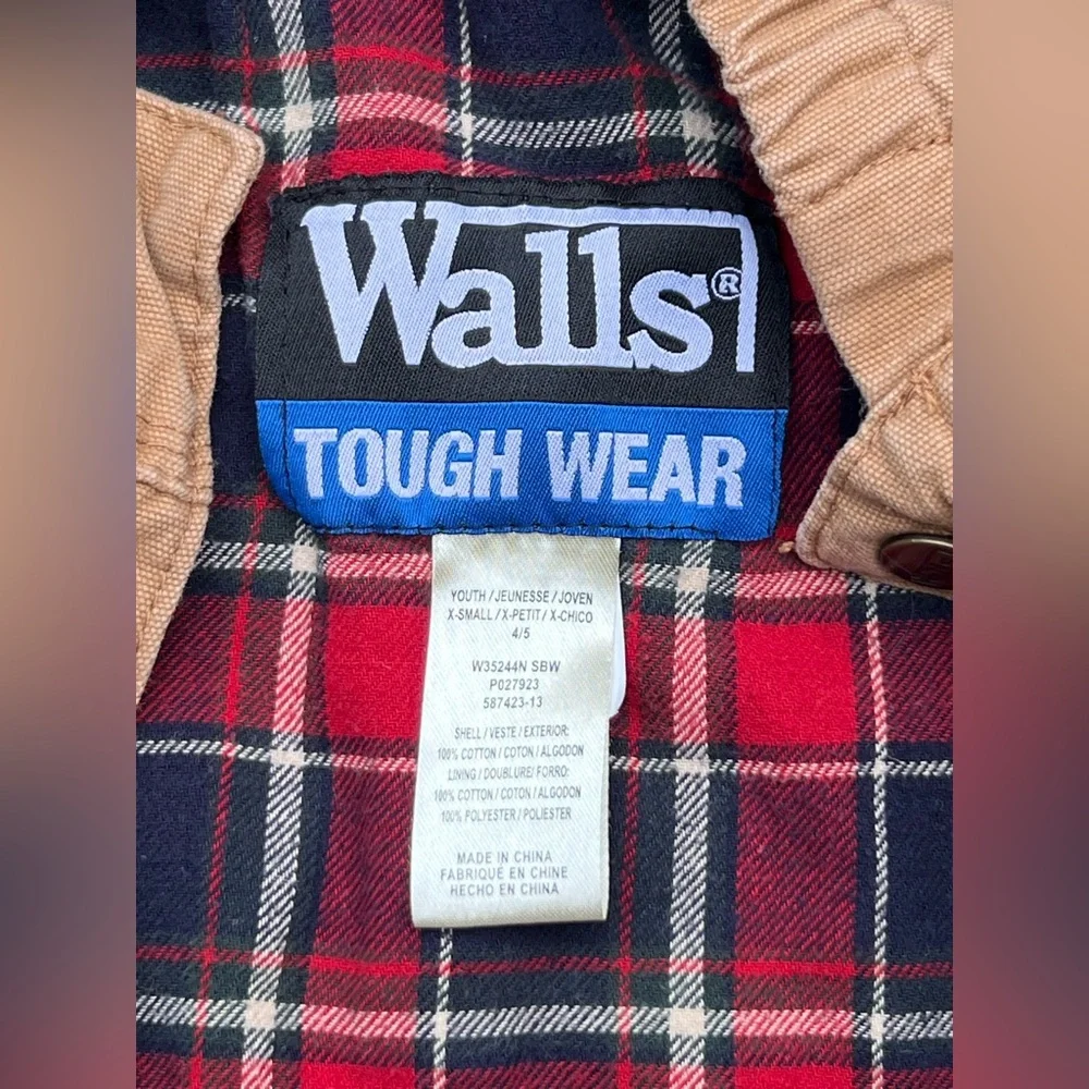WALLS Tough Wear Tan Snap Flannel Red Plaid Lined Hooded Coat Jacket Boys Kids